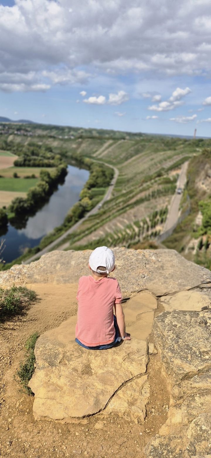 Linus sitzt auf einem Felsen und blickt über Fluss und Weinberge
